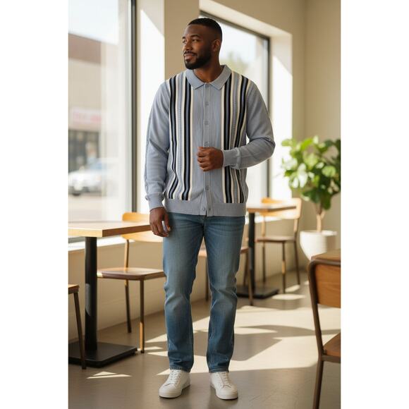 NWT PJ Paul Jones Vintage Striped Men's LS Cardigan BD Sweater 2XL Gray - Picture 1 of 5